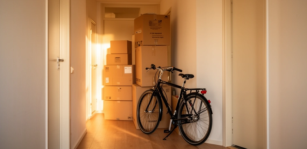 Moving boxes and a bicycle in a Leiden hallway