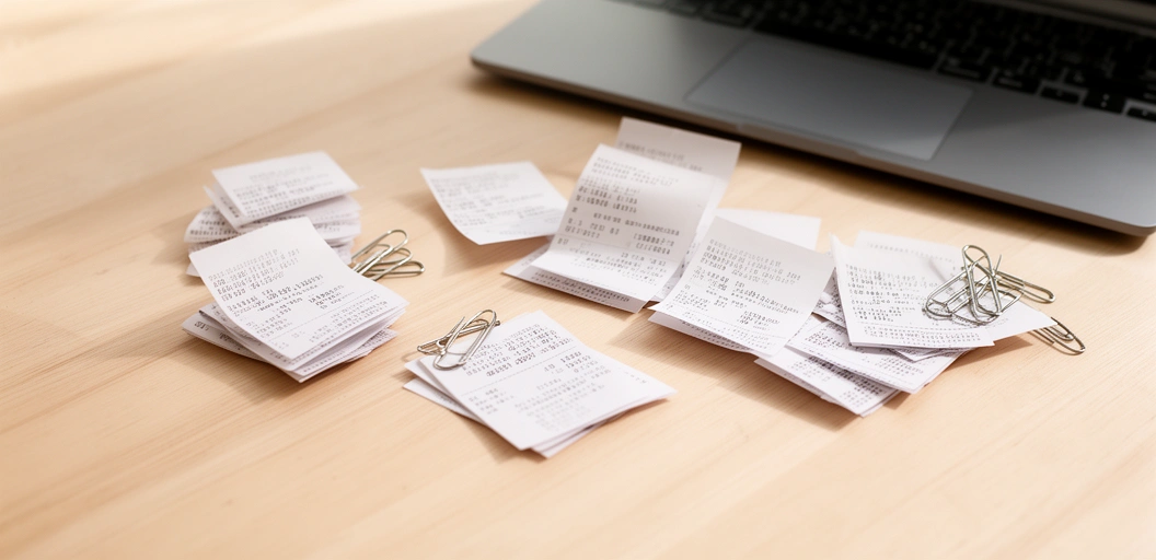 Receipts sorted into a folder next to a laptop