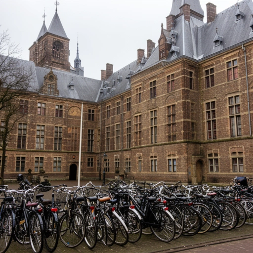 Bicycles parked by a university building in Leiden