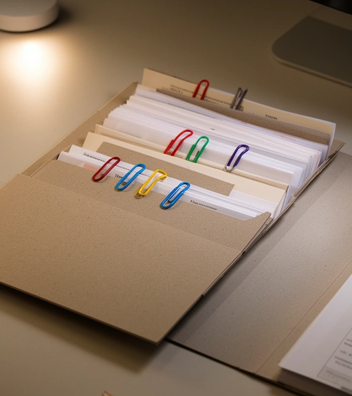Folder with sorted papers and paper clips