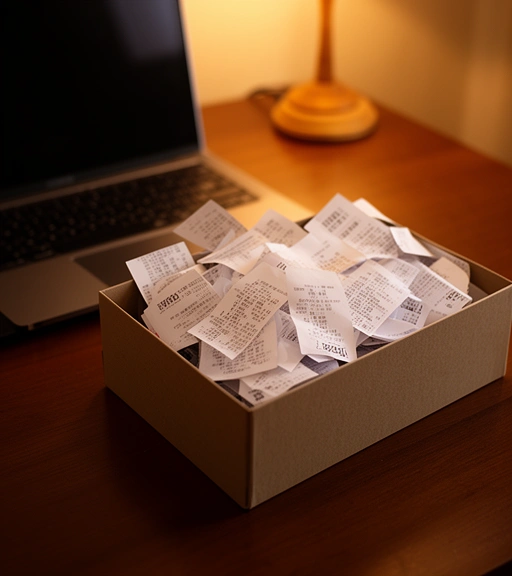 Shoebox full of receipts next to a laptop