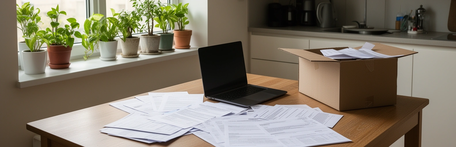 Kitchen table in a new apartment with tax papers, a laptop and an unpacked box