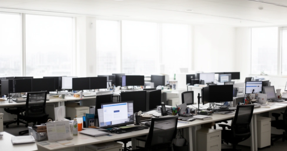 Open plan office with several desks