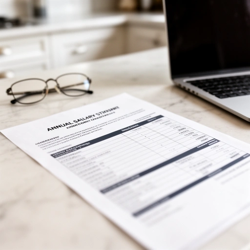 Annual salary statement and a laptop on a kitchen table