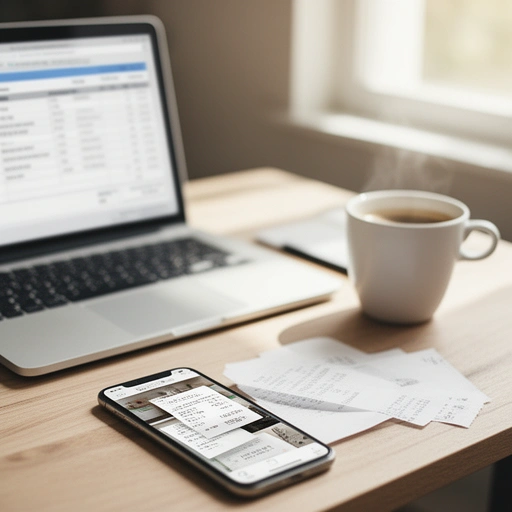 Freelancer's laptop with an invoice spreadsheet and a phone with receipt photos