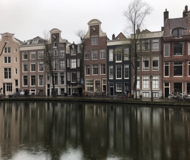Old Leiden canal houses on a grey morning