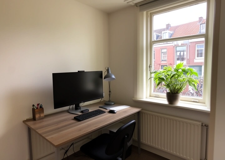 Small home office corner with a desk, monitor and a plant by a window