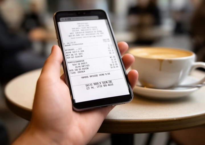 Hand photographing a paper receipt with a phone on a café table